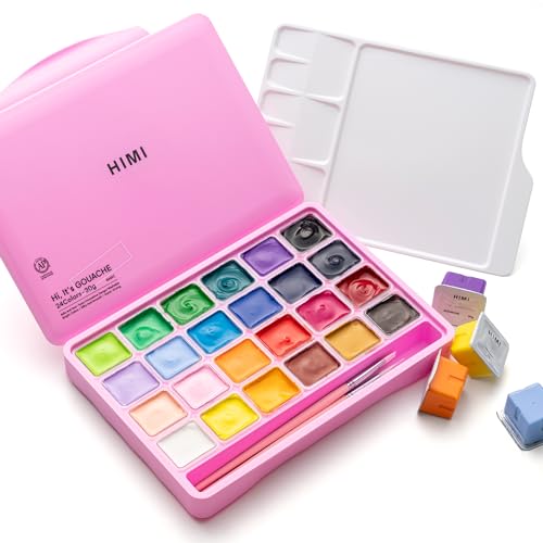 HIMI Gouache Paints Set with 3 Paint Brushes, 24 Colors, 30g, jelly gouache paint set, Non Toxic Paint for Canvas and Paper, Art Supplies for Professionals (PINK