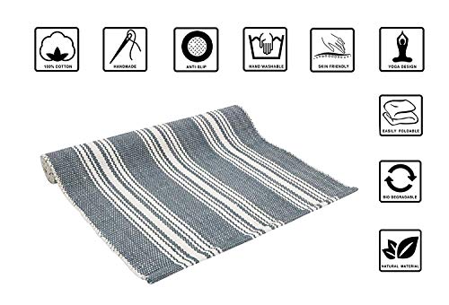 Hand Woven 100% Cotton Yoga Mat- Thick Handloom Made in India- for Gym Floor Exercise - Runner for Bedroom - color: Stripe Grey