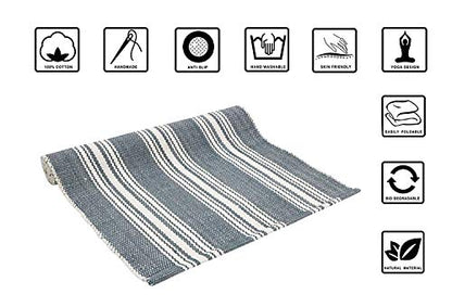 Hand Woven 100% Cotton Yoga Mat- Thick Handloom Made in India- for Gym Floor Exercise - Runner for Bedroom - color: Stripe Grey
