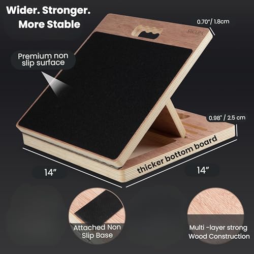 Swara 14″ Wide Wooden Slant Board for Calf Stretching & Exercise, Foldable | Adjustable incline board with thicker base, guide and bonus muscle roller; beginner-friendly, stable design, 400 lb capacity - size: 14x14 Inch