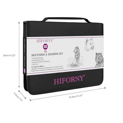 HIFORNY 100 PCS Drawing Set Sketching Kit,Sketch Pencils Art Supplies with Graphite,Charcoal,Blending Tools & Accessories,Portable Zippered Travel Case for Artists & Beginners