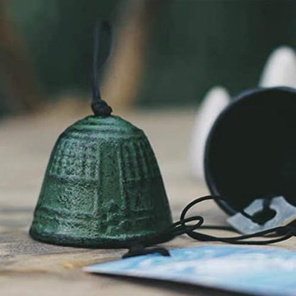 Japanese Bless Small Wind Chimes Outdoor, Iwachu Cast Iron Lucky Temple Wind Bell Memorial and Sympathy Wind Chimes for Outside or Indoor for Good Luck Garden, Patio, Balcony(Green Temple Bell)