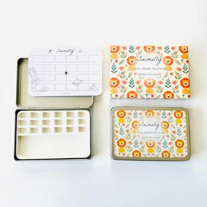 Watercolor Palette,Portable Travel Ceramic Palette,Small Travel Metal Paint Boxwith Porcelain Palette (18Well)