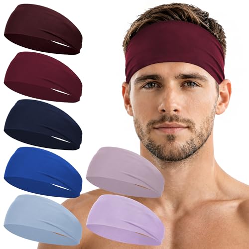 7 Pack Sports Headbands for Men, Sweat Absorbent Non Slip Elastic Headband, Quick Dry Workout Running Yoga Gym Head Wrap for Outdoor Work - color: Sports blue, dark red, dirty pink, navy blue, lavender purple, brown red, light blue