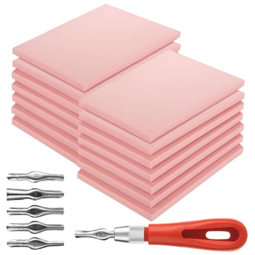 15 Pack Rubber Linocut Kit - 4 x 6 Inch Stamp Making Kit with Linocut Tools - Pink Rubber Block Stamp Printing Kit for Printmaking Supplies, DIY - size: 4x6inch-15pcs-kit-pink