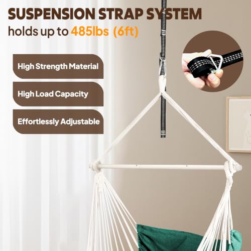 Chihee Hammock Chair Foot Rest 2 Cushions Max 485 lbs Metal Spreader Bar | Robust Hanging Chair Soft Cotton Blended Swing Collapsible Easy Storage Strong Strap Iron Carabiner Pocket Indoor Outdoor - color: Dark Green