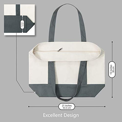 TOPDesign 1-Pack Canvas Tote Bag with an External Pocket, Reusable Grocery Shopping Bag, Top Zipper Closure, Daily Essentials (Grey/Natural) - color: Grey/Natural