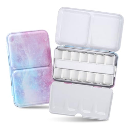 Watercolor Palette Empty with Paint Tray and 14PCS Watercolor Half Pans - Sturdy Empty Watercolor Palette Tin - Customizable Metal Watercolor Palettes - style: Illusionary Cloud