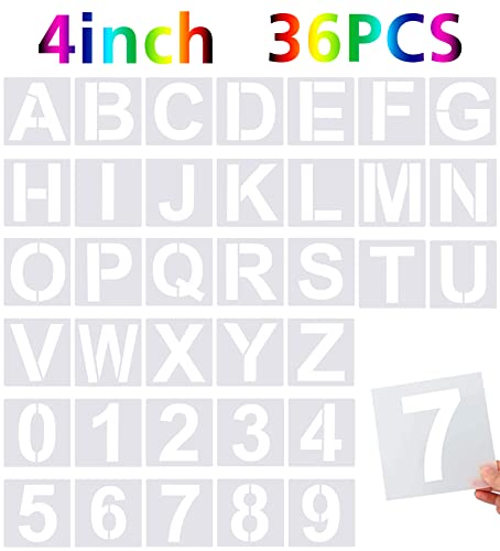 FEBSNOW 36 Pcs 4 Inches Alphabet Letter and Number Stencils | Reusable PET Plastic, Painting on Wood Wall Fabric Rock Chalkboard Glass, Creating Sign Craft Board, 36 Pcs 4x4 Inches - size: 4 inches