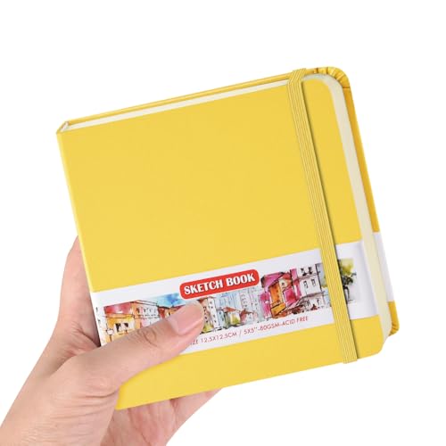 5x5 Pocket Sketch Book,80gsm Hardcover Art Sketchbook for Drawing Journal | PU Cover,Blank Paper,96Sheets/192Pages,Lay-Flat,Portable Travel Creation Paint Diary Memo Planner,Dry Media.Yellow - color: PU Cover-5x5in-Yellow