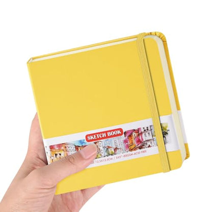5x5 Pocket Sketch Book,80gsm Hardcover Art Sketchbook for Drawing Journal | PU Cover,Blank Paper,96Sheets/192Pages,Lay-Flat,Portable Travel Creation Paint Diary Memo Planner,Dry Media.Yellow - color: PU Cover-5x5in-Yellow
