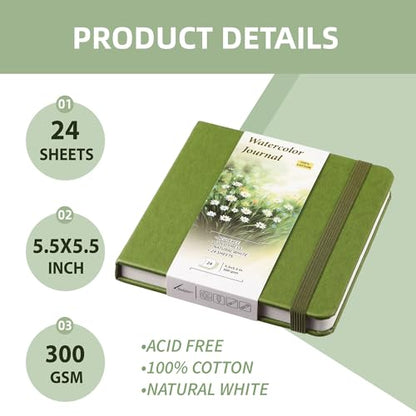 TX Liteart Watercolor Sketchbook, 5.5" x 5.5", 300 GSM Cold Press, Cotton | Green, 24 Sheets, 48 Pages. Pure Cotton, 140Lb Heavyweight Pad For Mixed Media, Watercolor Journal for Travel Sketching
