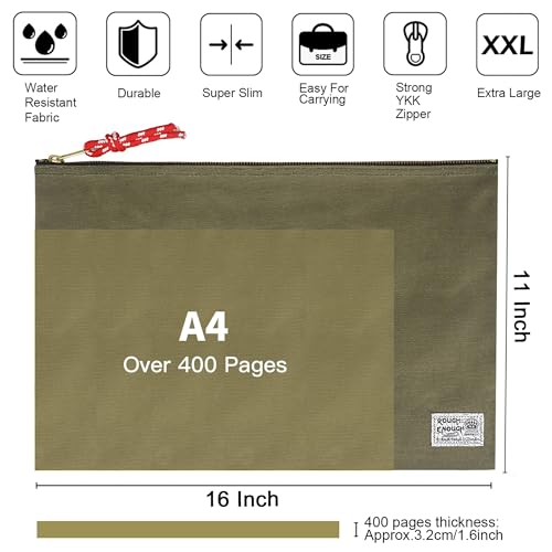 Rough Enough Important Document Storage, File Folder Organizer Pouch Green | 16oz waxed canvas, Water-Resistant nylon, YKK zipper. 16x11in fits even a tablet，Red inner lining，Office and travel