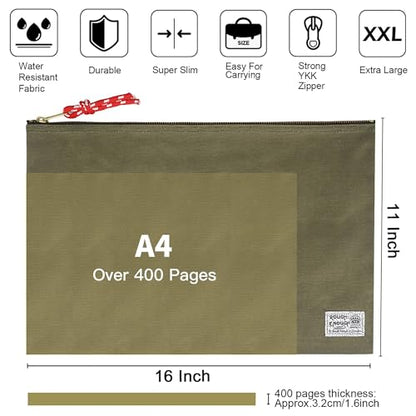 Rough Enough Important Document Storage, File Folder Organizer Pouch Green | 16oz waxed canvas, Water-Resistant nylon, YKK zipper. 16x11in fits even a tablet，Red inner lining，Office and travel