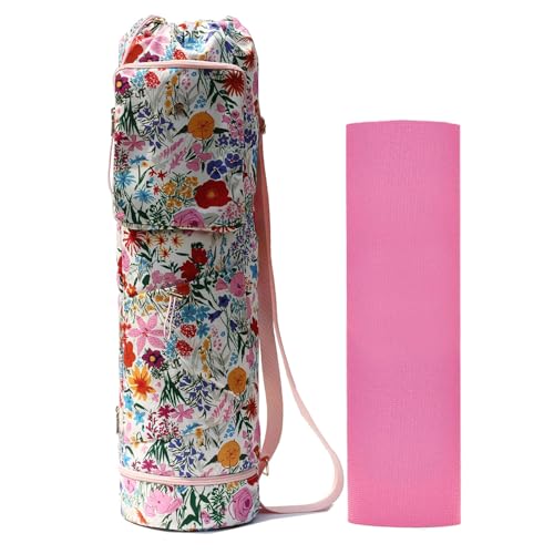 ESVAN Yoga Mat Bag with Multi Pockets Drawstring Yoga Mat Carrier Pilates Exercise Multi-Functional Storage Bag - color: Canvas Pink Flower