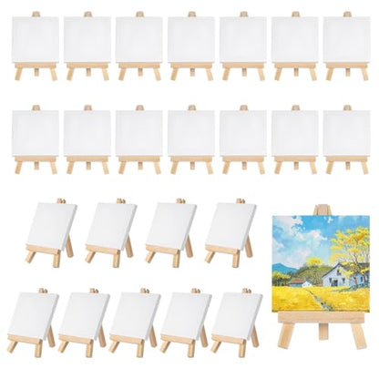 24 Pack Mini Canvases and Easels 3 x 3 Inch Small Canvas and Easel for Painting Art Stand with Panels Tabletop Wooden Display Easel for Birthday Parties Valentine‘s Day Gift