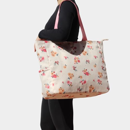 ESVAN LARGE BEACH BAG Water Resistant Lightweight 20 inch Women Oversize Tote Bag for Gym Beach Travel Pool Yoga Nurse - color: Corduroy Beige Flower