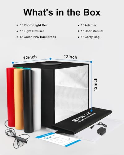PULUZ Light Box Photography, 12"x12" Professional Dimmable Shooting Tent Kit with CRI >95 White Lighting 120 LEDs Lights + 6 Photo Backdrops for Product Display - size: 12*12 Inch