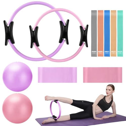 TOPZGLEEY Pilates Ring and Ball Set with Resistance Bands - Pilates Equipment for Home Workout - 14'' & 12'' Pilates Rings, 2 Pilates Balls, 5 Resistance Bands,Guide
