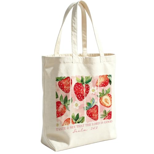 VICBOU Christian Canvas Tote Bag for Women Girls Birthday,Shoulder Bag with Pocket for Grocery Shopping Beach - color: Strawberry