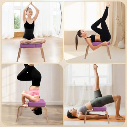 Yoga Headstand Bench PU Pad Headstand Trainer Max Load 300lbs | Yoga Headstand Bench Stress Relief Balance Trainer Supports with Wood Frame and Pu Pad Body Shaping Practice - color: Purple