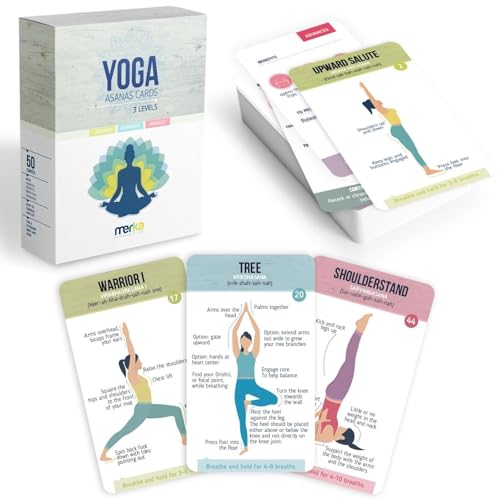 merka Yoga Cards Flashcard Deck - 50 Plastic Cards, One Size - 45 Asanas & Sanskrit Names - Yoga Gifts for Women