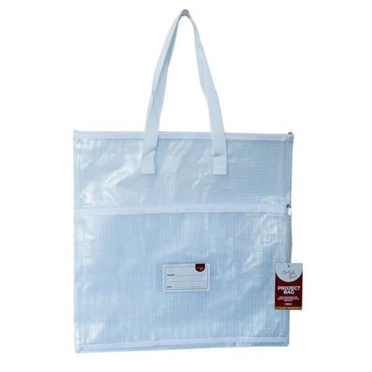 Madam Sew Project Bag - Craft Bag Organizer Tote with Handles, Two Pockets, See-Through Mesh, and Card Slot – Perfect for Quilting, Knitting, Stitching and Embroidery Projects Storage - 16”x16” - color: White