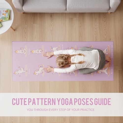 MABOZOO 1 Inch Thick Kids Yoga Mat with 12 Printed Poses - Non-Slip PU Leather Exercise Mat for Children - Safe Material Workout Mat for Home, School (60" x 24", Pink)