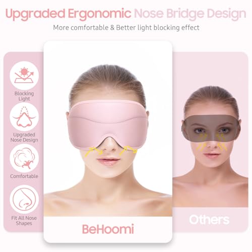 BeHoomi Sleep Mask, Premium Eye Mask for Sleeping, Total Blackout, Super Soft Comfort, Adjustable Fit, Upgraded 3D Ergonomic Designed Sleeping Mask for Home, Office, Travel, Meditation, Yoga, Pink - color: Pink