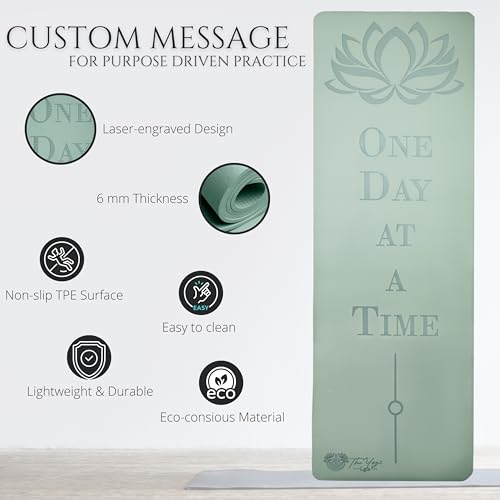 Recovery Lyfe Yoga Mat – “One Day at a Time” Engraving, Non-Slip Eco TPE, Sage Green, 72" x 24" x 6mm, Yoga & Meditation Mat for Recovery and Grounding
