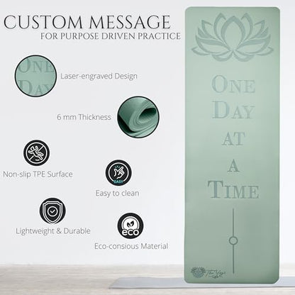 Recovery Lyfe Yoga Mat – “One Day at a Time” Engraving, Non-Slip Eco TPE, Sage Green, 72" x 24" x 6mm, Yoga & Meditation Mat for Recovery and Grounding