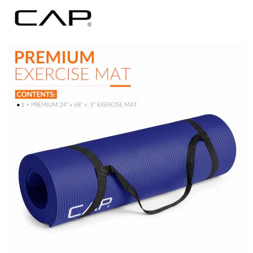 CAP 1/2" Thick Yoga Mat, Exercise & Workout Mat with Strap, Blue | Latex-free NBR foam cushions knees and joints for Pilates, stretching, core training, floor exercises and home fitness.