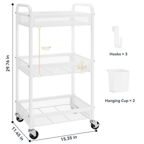YASONIC 3 Tier Metal Rolling Cart, White Utility Storage Cart with Wheels - color: White, size: 3-tier