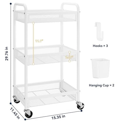 YASONIC 3 Tier Metal Rolling Cart, White Utility Storage Cart with Wheels - color: White, size: 3-tier