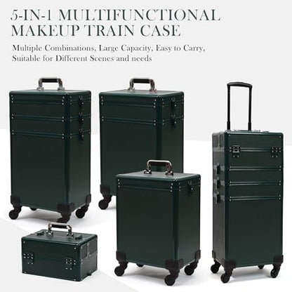 Particle Rolling Makeup Train Case Professional Cosmetic Trolley Large Storage Organizer with Key Swivel Wheels Salon Barber Case - New Green (Extra Portable Cosmetic Bag, Green) - color: Green