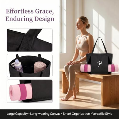 Yoga Bag Canvas Tote Mat Holder Large Gym Pilates Women - color: Black