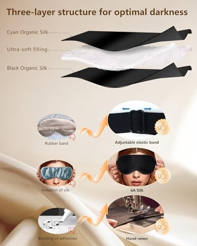 Silk Sleep Mask for Women and Men - Soft Breathable Organic Natural Mulberry Silk Fabric Blackout Eye Mask with Adjustable Straps No Pressure Eye Mask for Travel Essentials Gifts (Black) - color: Black