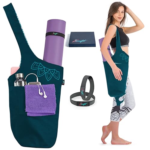 Yoga Mat Bag & Carrier with Pockets for Women | Holds yoga & pilates mats up to 72 in, Fits thick mats, Water bottle & zip pockets, 2 mat straps included, Gift-boxed - color: Teal 2 Tone
