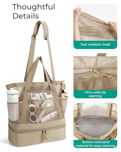BAGSMART Beach Bag for Women, Mesh Tote Bags with Zipper, Sandproof Vacation Essentials with Cooler for Swim Cruise Pool - color: Blue