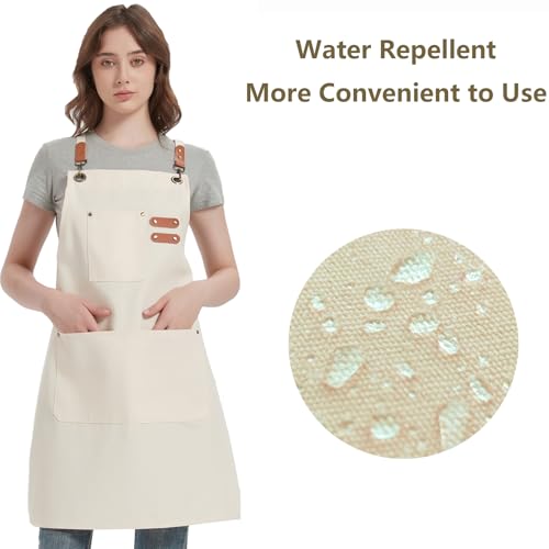 AFUN Chef Aprons for Women Men with Oversized Pockets, 12-Ounce Cotton Canvas Cross Back Water Repellent Apron (Cream) - color: Cream