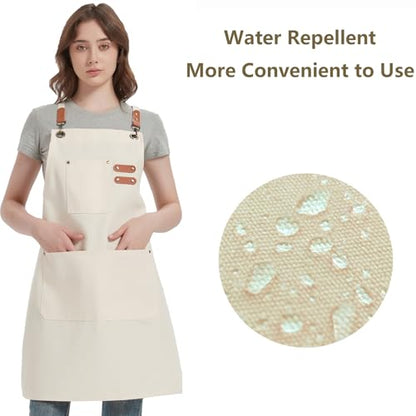 AFUN Chef Aprons for Women Men with Oversized Pockets, 12-Ounce Cotton Canvas Cross Back Water Repellent Apron (Cream) - color: Cream