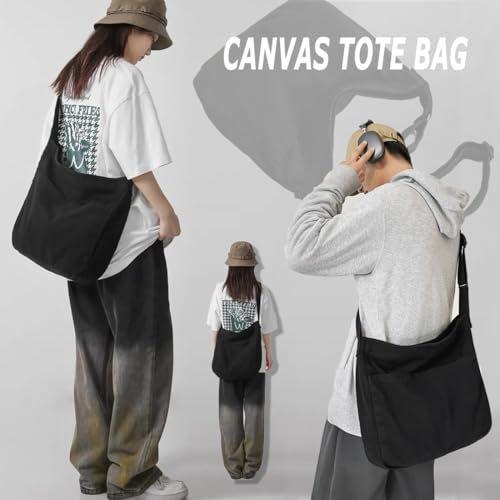 Canvas Tote Bag Casual Hobo Crossbody Shoulder Bag for Women and Men Large Purse Messenger Bag Travel Work - color: 0-black