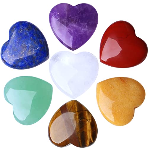 7 PCS Chakra Heart Crystals Pocket Natural Stones Polished Amethyst Palm Assorted Healing Crystal Love Shaped Gemstones 0.8" Set Reiki Energy Balancing Meditation Mother's Day Gift - color: Multi-colored - 7pcs Crystal