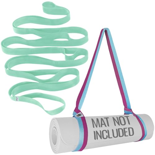 TECEUM Bundle of 2 Items – Stretching Strap for Yoga Light Green Polypropylene 1” & Yoga Mat Strap Mixed Blueberry 64 IN – Mat Holder Sling For All Mats – Leg Strap for Exercising, Physical Therapy