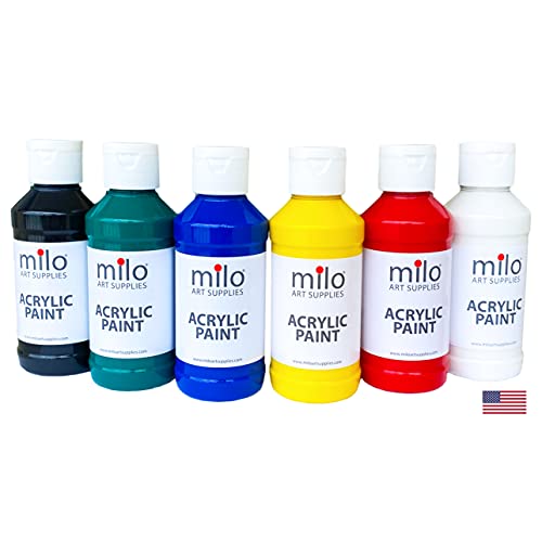 milo Acrylic Paint Set, 6 Primary Colors, 4 oz Bottles, Semi-Gloss | Safe, Non-Toxic, Made in the USA, Arts & Crafts Paints for Artists, Student & Hobby Painters, Paint Pack, Classroom, Bulk - style: Primary Set 6 x 4 oz