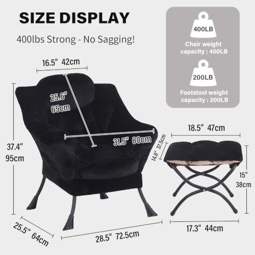 Tiita Lazy Chair with Ottoman, Comfy Reading Accent Chair, Plush Black | Foldable Footrest, Padded Seat and Backrest, Side Pocket for Lounging in Living Rooms, Bedrooms, Dorms and Small Spaces - color: Plush-blak