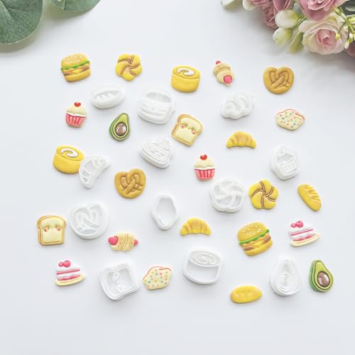 Xaekicr Bakery & Food Theme Polymer Clay Cutters Set - 12pcs Miniature Shapes Including Croissant, Burger, Avocado, Cupcake, Bread & Toast for DIY Earring Jewelry, Soft Clay Crafts & Scrapbooking - color: S color