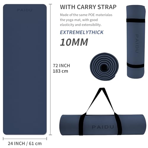 PAIDU POE Yoga Mat （10mm）Extra Thick Fitness Mat 72"x24" with Carry Strap - color: Navy blue & Black