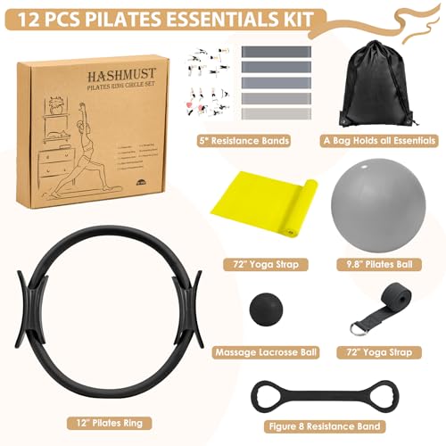 HASHMUST Pilates Ring Kit 12 PCS for Women, Home Workout Equipment with Magic Circle, Mini Exercise Ball, Resistance Bands, Massage Lacrosse, Yoga Strap, Full-Body Fitness Set for Toning & Gift - color: Black