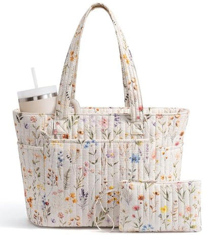 Bagstellar Quilted Tote Bag for Women Teacher Nurse Cotton Laptop Work Tote | Top Zip Closure Puffer Nursing School Travel Tote Bags with 40oz Cup Holder, Lightweight 14” Computer Shoulder Handbag Purses - color: Wild Flower